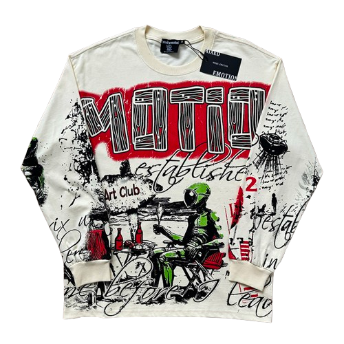 T-SHIRT MANCHES LONGUES MIXED EMOTION "CREAM ART CLUB" | L'Élégance Introspective